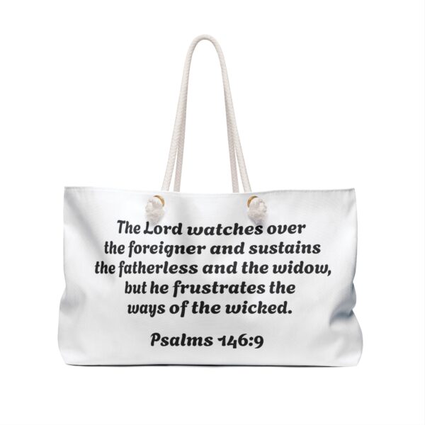 Inspirational Weekender Bag - 'I’m Woke Like Jesus' & Psalm 146:9 Quotes - Image 2