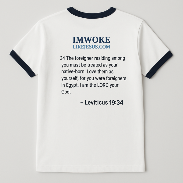 Men/Woman's Tee - 'I'm Woke Like Jesus' Leviticus 19:34 Bold Ringer Tee - Image 2