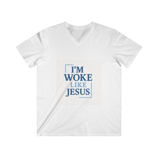 Men's V-Neck Tee: "I'm Woke Like Jesus" Graphic Shirt - Casual Wear, Gift Idea, Christian Apparel, Summer Style, Daily Inspiration - Image 2